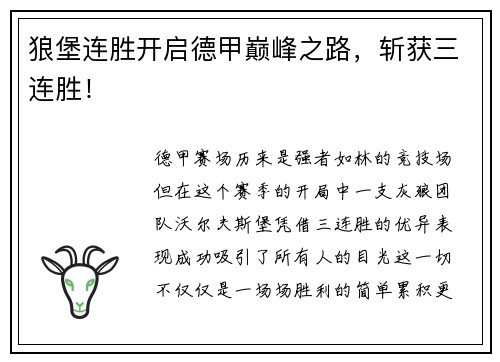 狼堡连胜开启德甲巅峰之路，斩获三连胜！