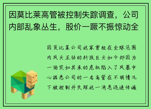 因莫比莱高管被控制失踪调查,公司内部乱象丛生,股价一蹶不振惊动全球股市! 因莫比莱高管被控制失踪调查,公司内部乱象丛生,股价一蹶不振惊动全球股市!